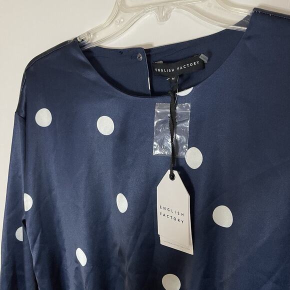 NEW! English Factory Dot Printed Satin Long Sleeve Romper Navy Medium - Picture 4 of 11